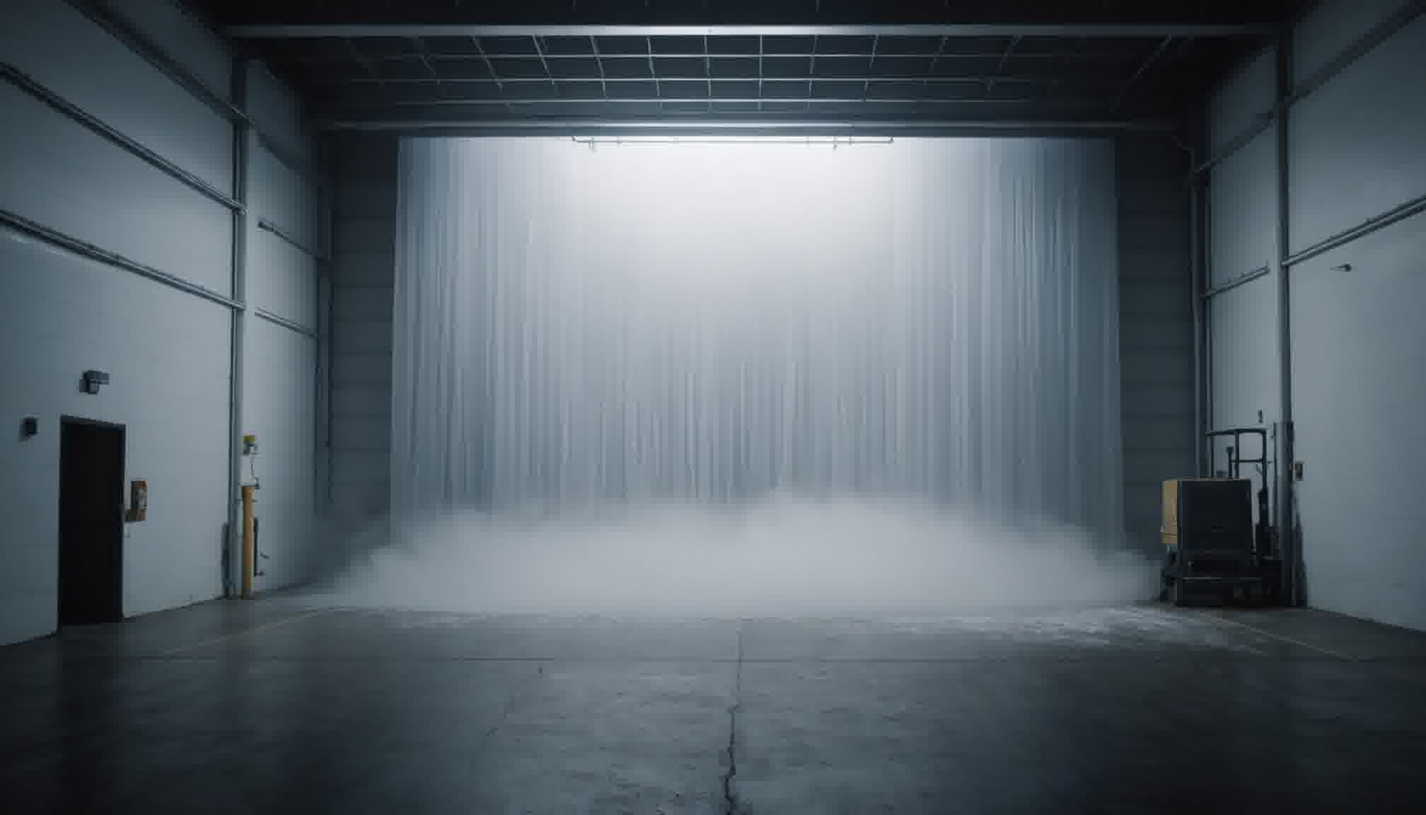 A full-height PVC strip curtain hanging across a wide cold storage doorway on a dim loading dock, with a low bank of freezing white fog spilling out from under the strips and rolling across the concrete floor: the visible half of a two-way exchange, where dense cold air leaves along the floor while warm dock air enters over the top of the same opening