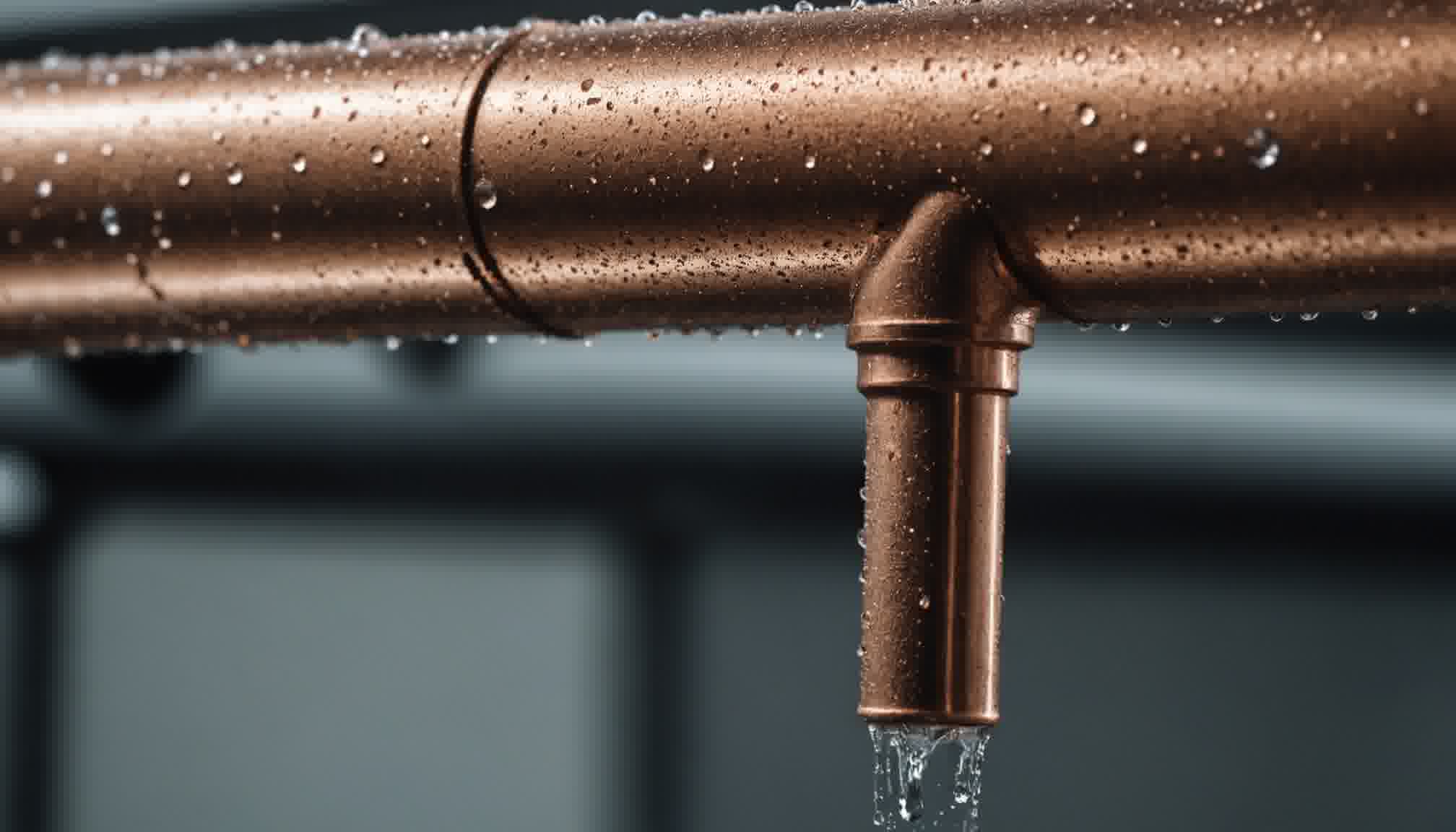 Condensation beading densely across a bare cold copper chilled water pipe and running off a branch stub: a surface sitting below the room dew point collects water continuously until it is insulated