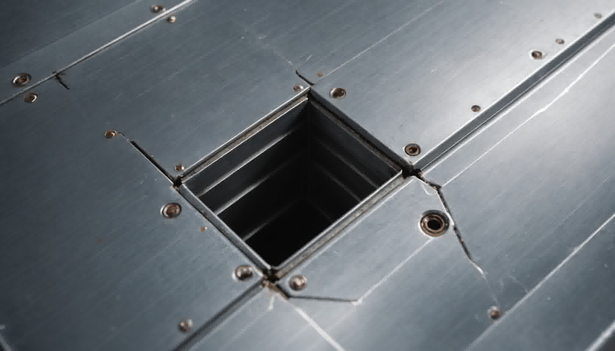 A close photograph of the galvanised sheet metal wall of a large rectangular duct, filling the frame at a shallow angle, with a square branch opening cut into it and its folded corners, sealed seams, rivets and screw heads picked out by hard raking light against the dark interior of the duct. The framing is the argument: this thin sheet is simultaneously the boundary that carries fan noise along the run, the surface that radiates part of that noise straight out into whatever space the duct passes through, and, at an opening like this one, the impedance step that sends low-frequency energy back the way it came. None of those three paths appears in an attenuation figure taken along the airway