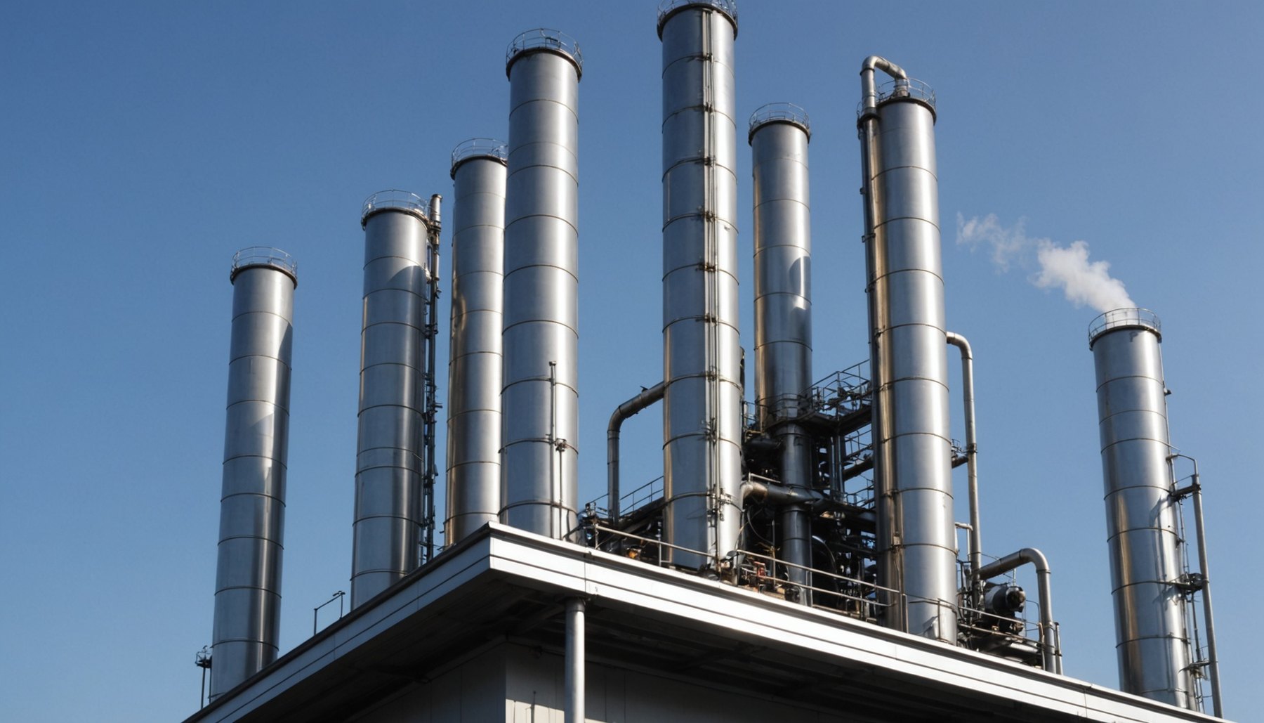 A group of tall slender stainless steel exhaust stacks rising close together above the flat roof of a building, each a plain smooth cylinder open at the top, braced against one another by slim steel struts and fed from below by discharge ducting and plant, one of the outer stacks carrying a faint white plume, clear pale sky behind and low sunlight along one side of the metal. No marking of any kind appears on any surface. This is the end of the system the diversity factor sizes: the plant that draws from every hood on a common manifold, built to handle a stated fraction of what those hoods could draw together rather than the sum of them