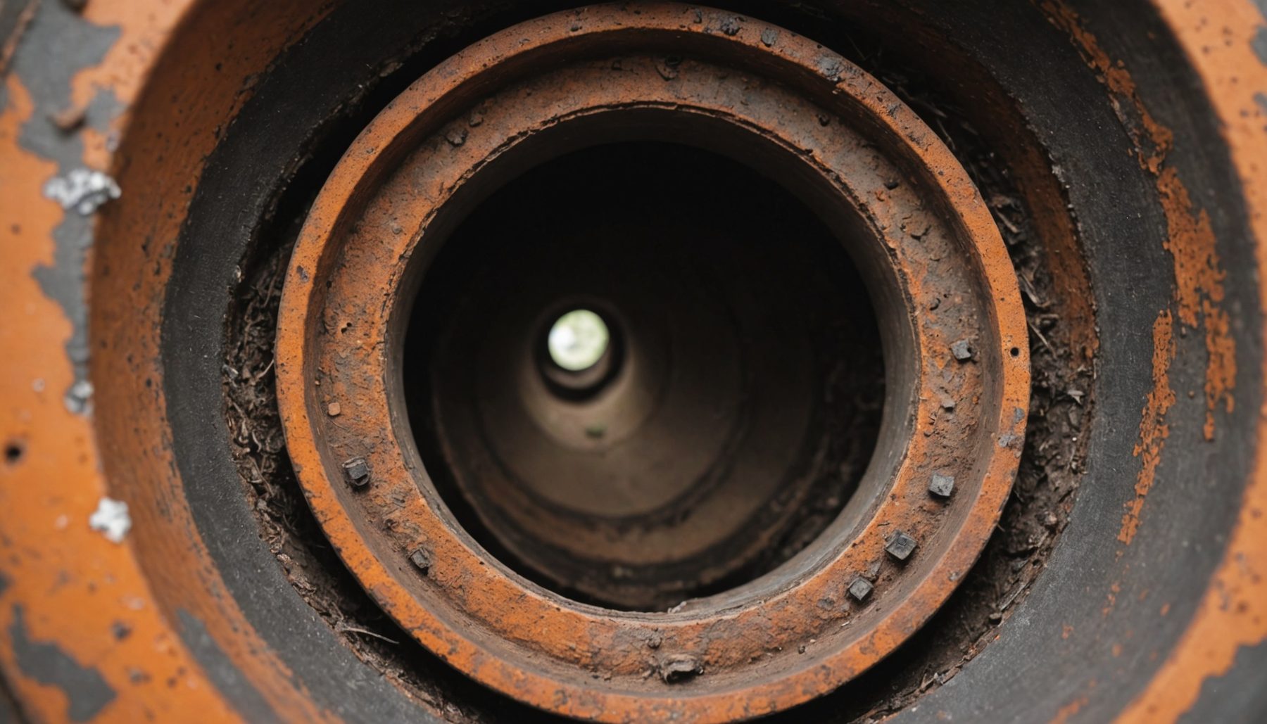 A macro photograph looking straight into the cut end of an old galvanized steel water pipe, the ring of the cut wall filling the outer frame and the interior beyond it entirely coated in rough orange brown corrosion product, the bore narrowing away down the length of the pipe until nothing is left of it but a small point of daylight at the far end. This is the quantity the calculation behind this article turns on: not the nominal size, which is only a trade designation, and not the schedule bore the pipe left the mill with, but the opening water still passes through after decades of service, which enters the head loss relation raised to the power 4.87