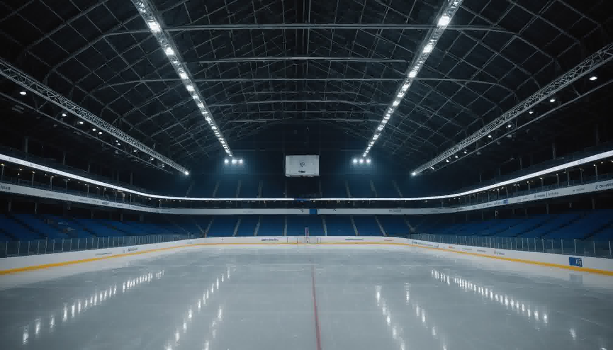 An empty indoor ice arena at night photographed low across a freshly resurfaced sheet, the mirror-like ice reflecting the exposed steel roof trusses and the rows of arena floodlights hanging directly above it: the two large surfaces face each other across the whole volume, which is why radiation from the ceiling carries more of the refrigeration load than the air in the hall does