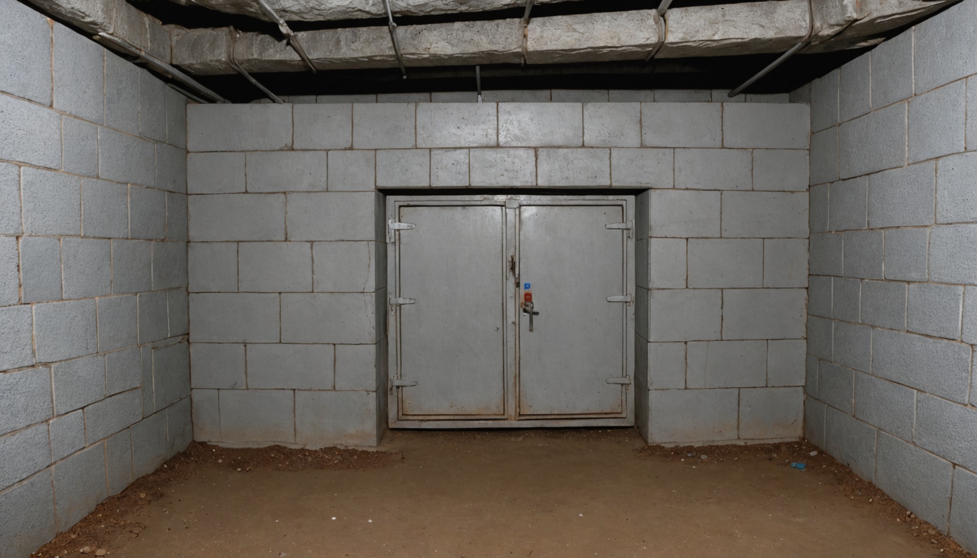 A ventilation stopping photographed straight on from inside an underground mine: a wall of pale concrete blocks built right across the airway and sealing it completely, with a heavy steel man door set into the middle of it, closed on a lever handle. Sealant runs along the joints where the blockwork meets the rock, the roof above is rough and carries pipework and hangers, and the floor is bare dirt. This is the piece of the network that the whole leakage argument turns on. Air that a main fan delivers has to be kept in the intake side of the mine until it reaches the working face, and every stopping like this one is both the thing that keeps it there and the place it escapes from. In a developed network a third to a half of what the fan moves never arrives where it was sent, and because fan power varies with the cube of flow, the seals in this wall are worth several times their cost in energy alone