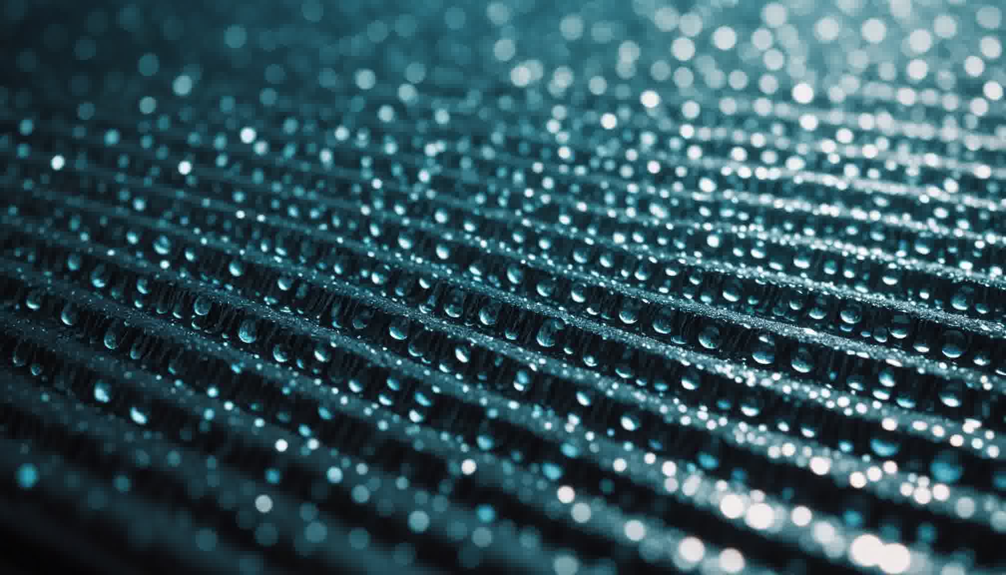 Condensation covering the fin face of a cold cooling coil, clear droplets beading along every fin edge and merging into trails that run down between the rows: the visible half of total heat removal, where the coil drops the air temperature and wrings out moisture in the same pass