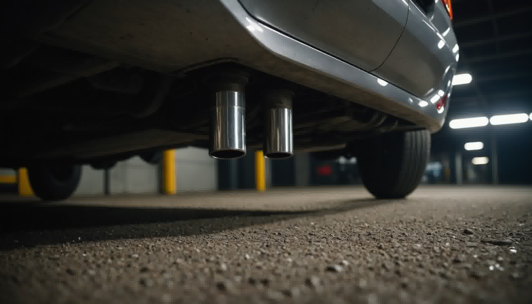 A photograph taken at floor level inside an enclosed parking structure, with the twin chrome tailpipes at the rear of a parked car filling the centre of the frame, a tyre and the rear valance close beside them, and the concrete floor running away in sharp foreground grain towards columns, yellow bollard guards and rows of ceiling luminaires dissolving into darkness. The viewpoint is the argument: this is the height at which the contaminant enters the space and the height at which a person walks past it, and nothing visible in the frame separates 5 ppm of carbon monoxide from 80. The gas is colourless and odourless, which is why the ventilation rate for a garage is settled by a dilution calculation and a detection system rather than by anybody in the space noticing