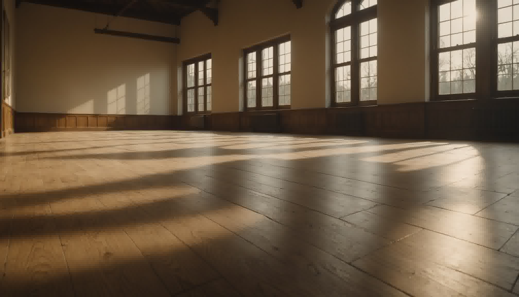 A wide bare timber floor in a tall empty room, photographed from close to floor level so that the boards run away from the camera and fill almost the whole frame, with low morning sun coming through the windows and laying long bands of light and shadow along them. The framing is the argument: in a radiant system this surface is the emitter, and the temperature it is allowed to reach underfoot, rather than anything in the plant room, is what caps the heat it can deliver
