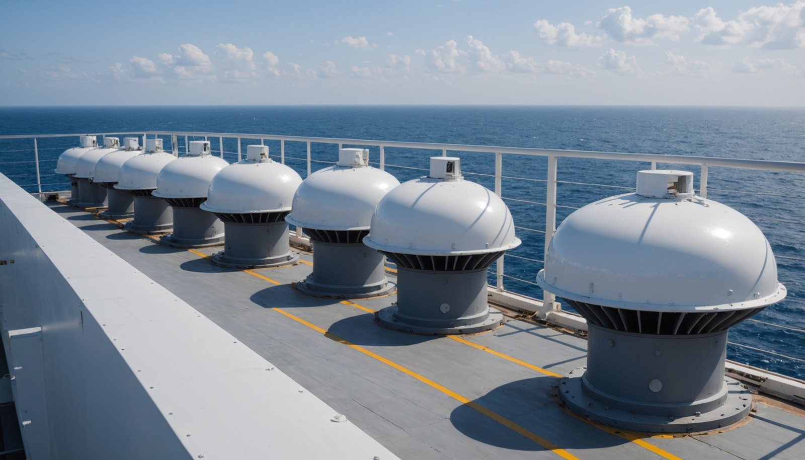 A long row of white mushroom ventilator heads standing along the open deck of a ship, each a wide domed cowl on a short cylindrical trunk with a louvred throat beneath it, receding into the distance beside a white guardrail with deep blue open sea and a bright tropical sky beyond. These are the openings through which a machinery space breathes, and the calculation behind this article decides how much air has to pass through them: the air the engines swallow on their way to the turbochargers, plus the air that carries away the heat the machinery gives off, less the part of the first that has already done the second. The weather in the frame is the design condition the standard assumes, an ambient of 35 degrees Celsius at 70 percent relative humidity, which describes a ship working in the tropics rather than a machinery space in temperate weather