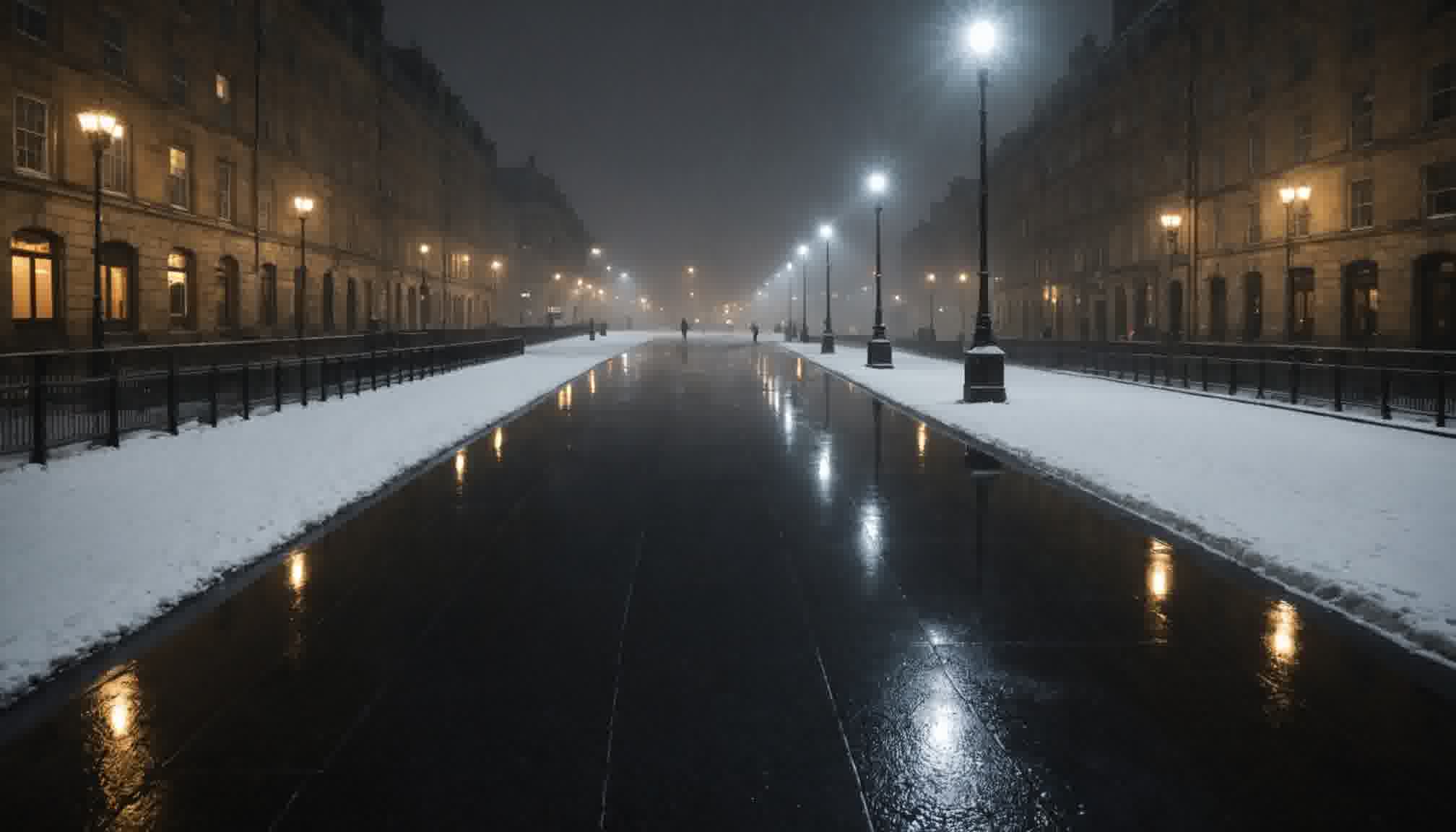 A wide heated stone promenade between lit facades, photographed low along its length at night during snowfall, the treated surface wet, black and completely clear, mirroring the receding rows of street lamps, while unbroken banks of undisturbed snow lie along both edges against the railings: the sharp line running the length of the pavement is the snow-free area ratio made visible, and holding it there is what the loss terms in the design flux pay for