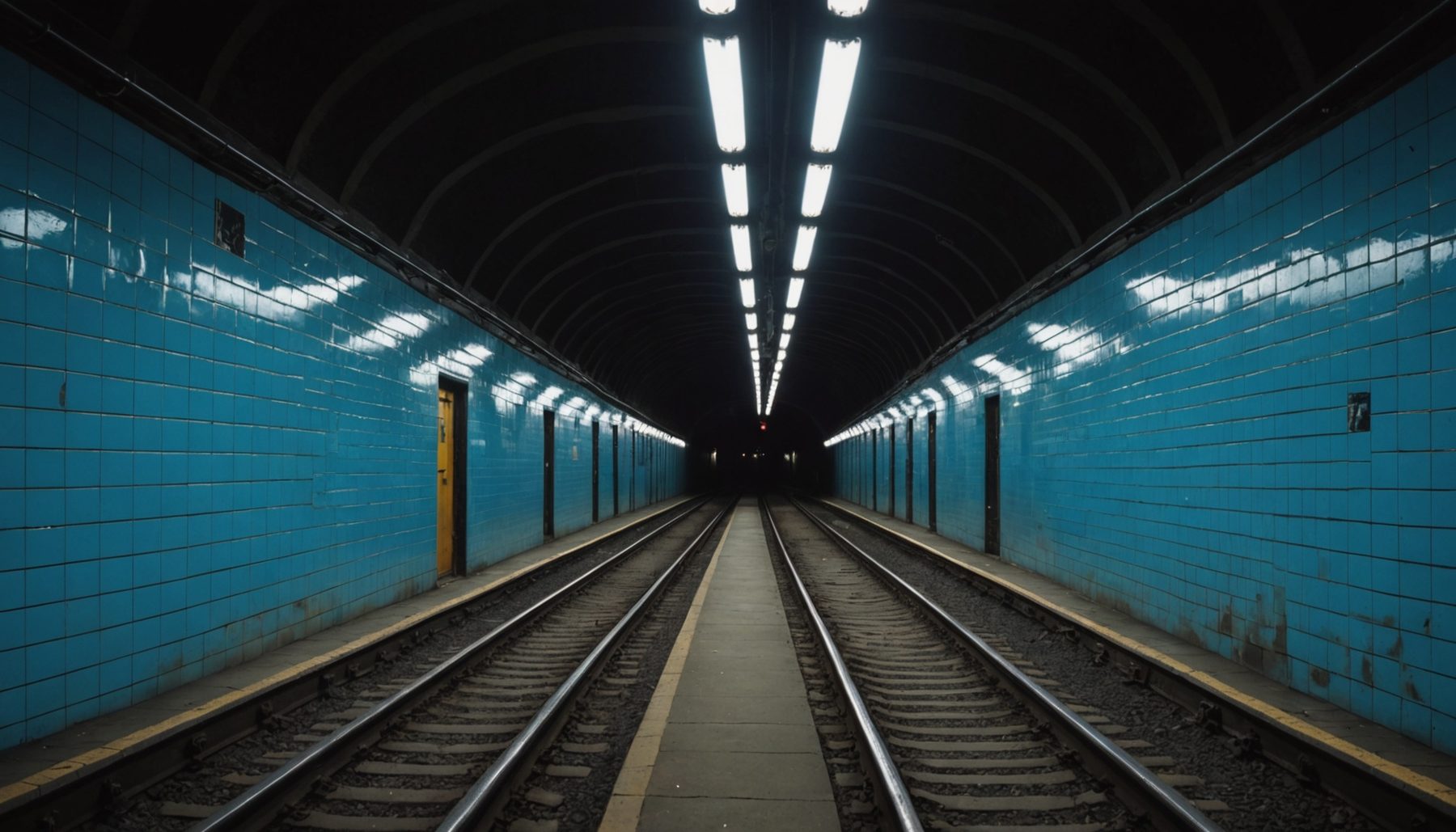 A view from the end of a deserted underground station looking straight into the mouth of the running tunnel, twin tracks running away between blue glazed tile walls into complete darkness under a dark vaulted roof, with a line of fluorescent fittings overhead converging on the opening and nobody in the frame. The tunnel is the other half of the calculation behind this article. The heat a train releases as it stops is released in this space and at the platform beyond the camera, the air the train pushes ahead of itself moves between the two, and the largest term in a platform heat load is set by the mass and the speed of what comes out of that opening rather than by any property of the station