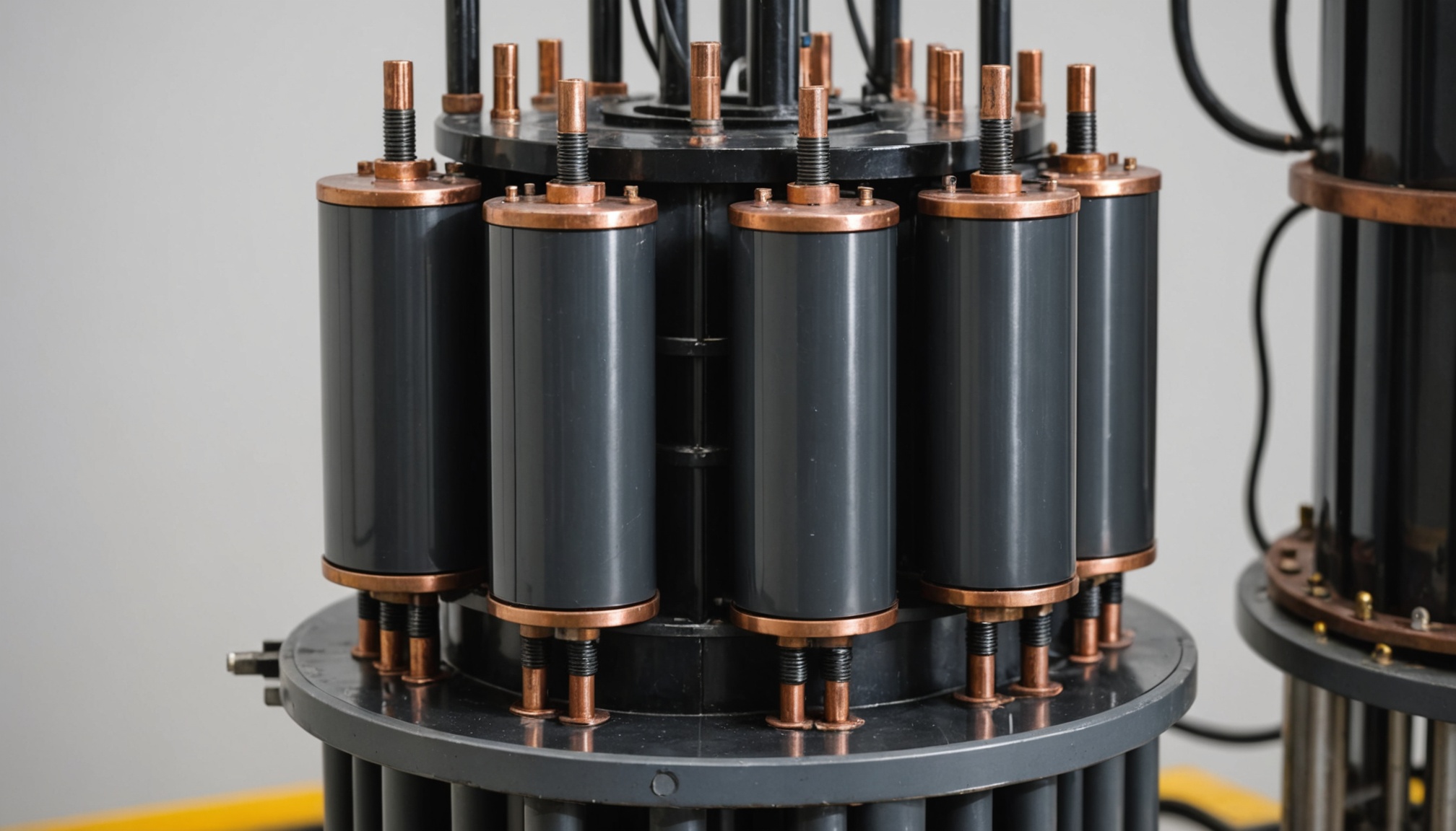 A close-up of the cast-resin coils of a dry-type transformer, three glossy dark cylinders standing side by side on a plain steel base with copper terminals above and below them and narrow vertical cooling gaps running the full height between them. The air rising through those gaps is the whole of the cooling arrangement for a machine of this kind, and the calculation on this page exists to keep the air arriving at them below the temperature the insulation system was rated for. Two quantities in the documentation of a machine like this are called temperature rise, one describing how much hotter the winding runs than the air around it and one describing how much hotter the room air may become than the air entering the room, and they differ by more than an order of magnitude