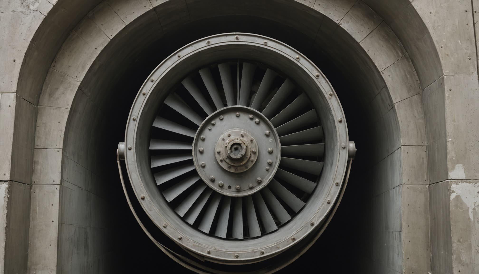 A large axial ventilation fan set into the mouth of a concrete tunnel arch and photographed head on, the ring of blades and the bolted bearing hub filling the centre of the frame while the bore behind falls away into black. The blades are stationary and the concrete around them is bare, with shuttering lines and weather staining on the voussoirs. This is the piece of equipment the whole calculation ends at: a required airflow, established somewhere else from a dilution balance against traffic emission or from a critical velocity requirement for smoke control, divided by the free cross-section of the bore to give the average longitudinal velocity that tunnel standards are actually written against. The fan is sized on the fire case, where it has to hold smoke back against its own buoyancy, and it spends most of its life idle while the traffic below does the ventilating for it