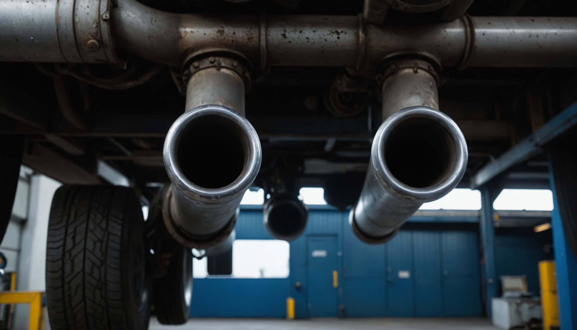 A low viewpoint underneath the rear of a heavy vehicle standing inside a workshop bay, with two large chrome tailpipes pointing straight at the camera and filling the middle of the frame, soot staining their rims, the chassis and a third pipe behind them falling into shadow, a tyre at the left edge and the blue roller doors of the shop thrown out of focus in the background. The twin pipes are the practical difficulty in exhaust capture: a single extraction nozzle covers one of them and leaves the other discharging into the bay, so a system delivering its full design airflow can still put a share of the exhaust into the room. Every airflow figure in a capture calculation assumes the gas enters a nozzle at this point rather than the space around it, and the fit at the pipe is what decides whether it does
