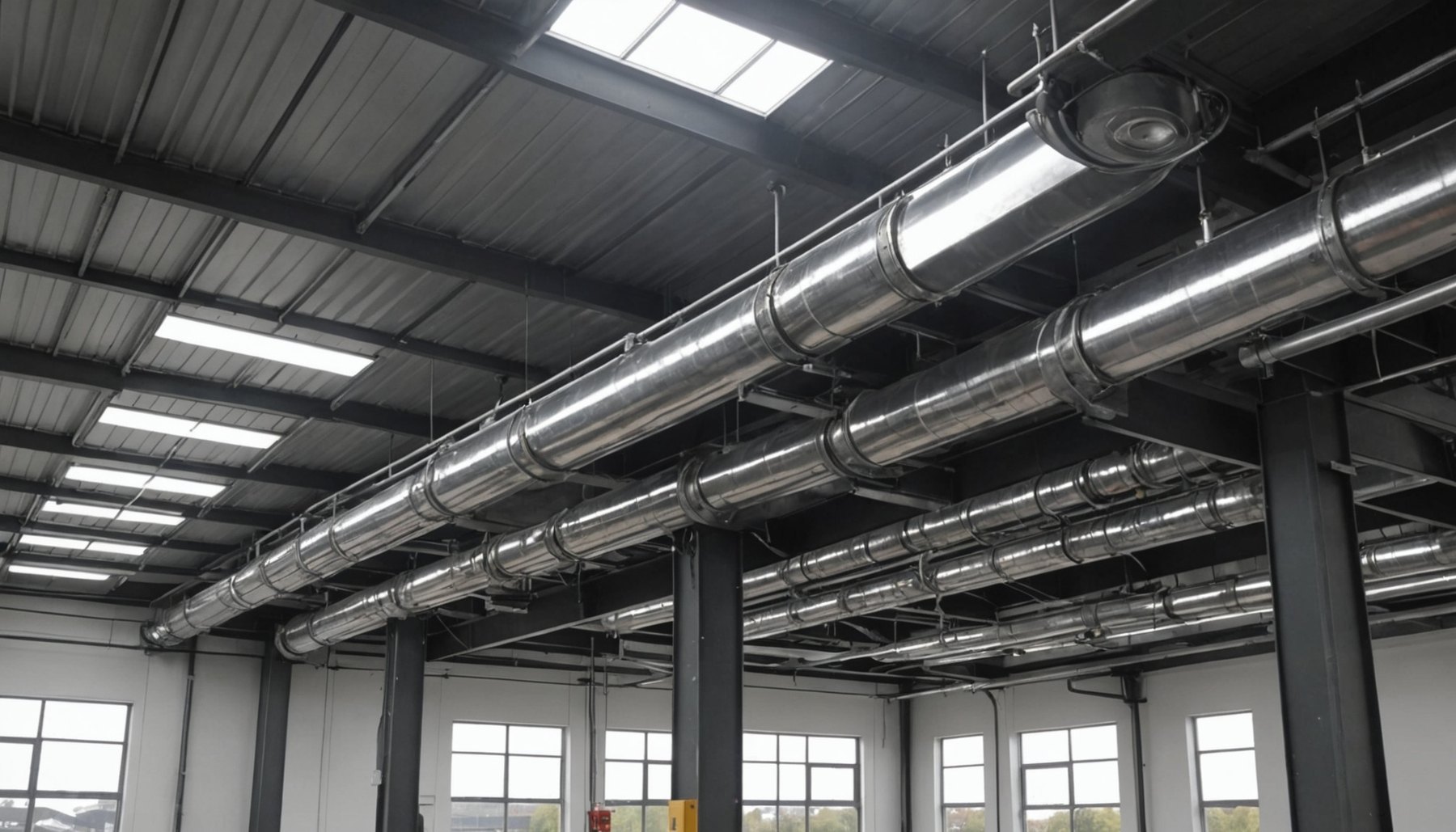 A long horizontal run of round galvanised spiral ventilation ductwork under the steel roof structure of an industrial building, three parallel mains receding into the distance with branch tees and flanged joints along their length, threaded hanger rods dropping from the slab above, daylight entering through a rooflight and through a row of windows in the wall below. No marking of any kind appears on the metal. The duct is where the measurement in this article is taken: a velocity pressure reading is made through a port in the flank of a straight section like these, and everything the reading is worth depends on the air speed inside, on the density of the air at that point and on how far the port sits from the nearest fitting