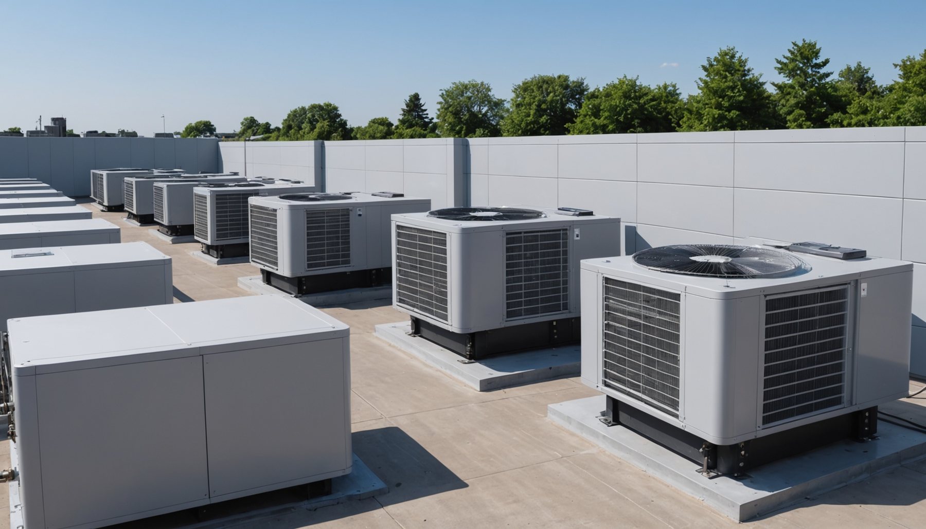 A rooftop array of grey air conditioning outdoor units standing on low concrete plinths, the two nearest machines turned towards the camera with their upward facing fan guards and full height condenser coils in view, the rest of the plant receding in a double row towards the left of the frame under a clear sky, a white parapet wall and a line of trees behind. No plate, badge or marking appears on any casing. The array is one side of both ratios the article works through: what stands on the roof is the outdoor capacity, what its refrigerant pipework feeds is the connected indoor nameplate total, and the manufacturer limits the ratio between those two at the same time as the ratio between the outdoor capacity and the diversified load is being placed in a classification band
