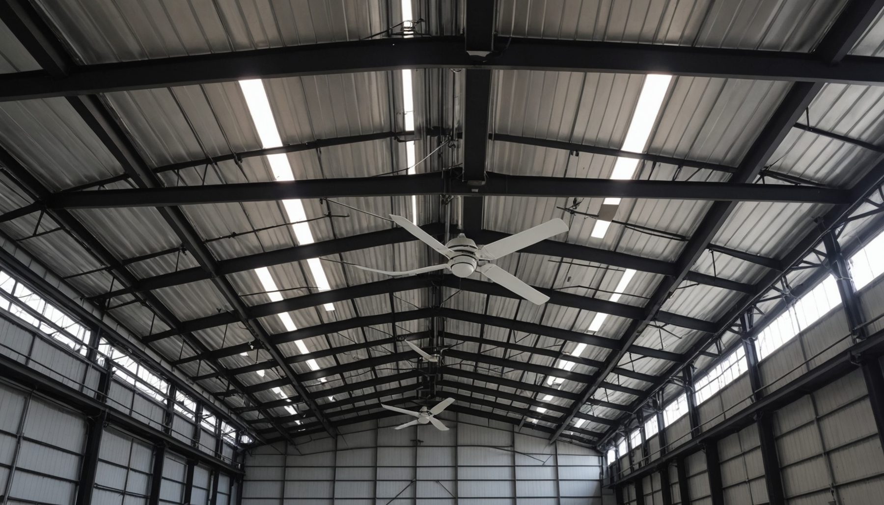A view looking steeply upward inside a tall industrial building at a slow turning ceiling fan hanging on a short drop tube beneath a deep exposed steel roof structure of dark beams, purlins and pale corrugated decking, with rooflights running away in bands on both sides and the floor of the building far below out of frame. The air the fan is turning is the subject of the calculation behind this article. In a heated high-bay space it is the warmest air in the building, it sits against the roof rather than against anybody working under it, and a mixing device recovers a saving not by moving heat anywhere but by removing the temperature difference between that layer and the occupied zone below