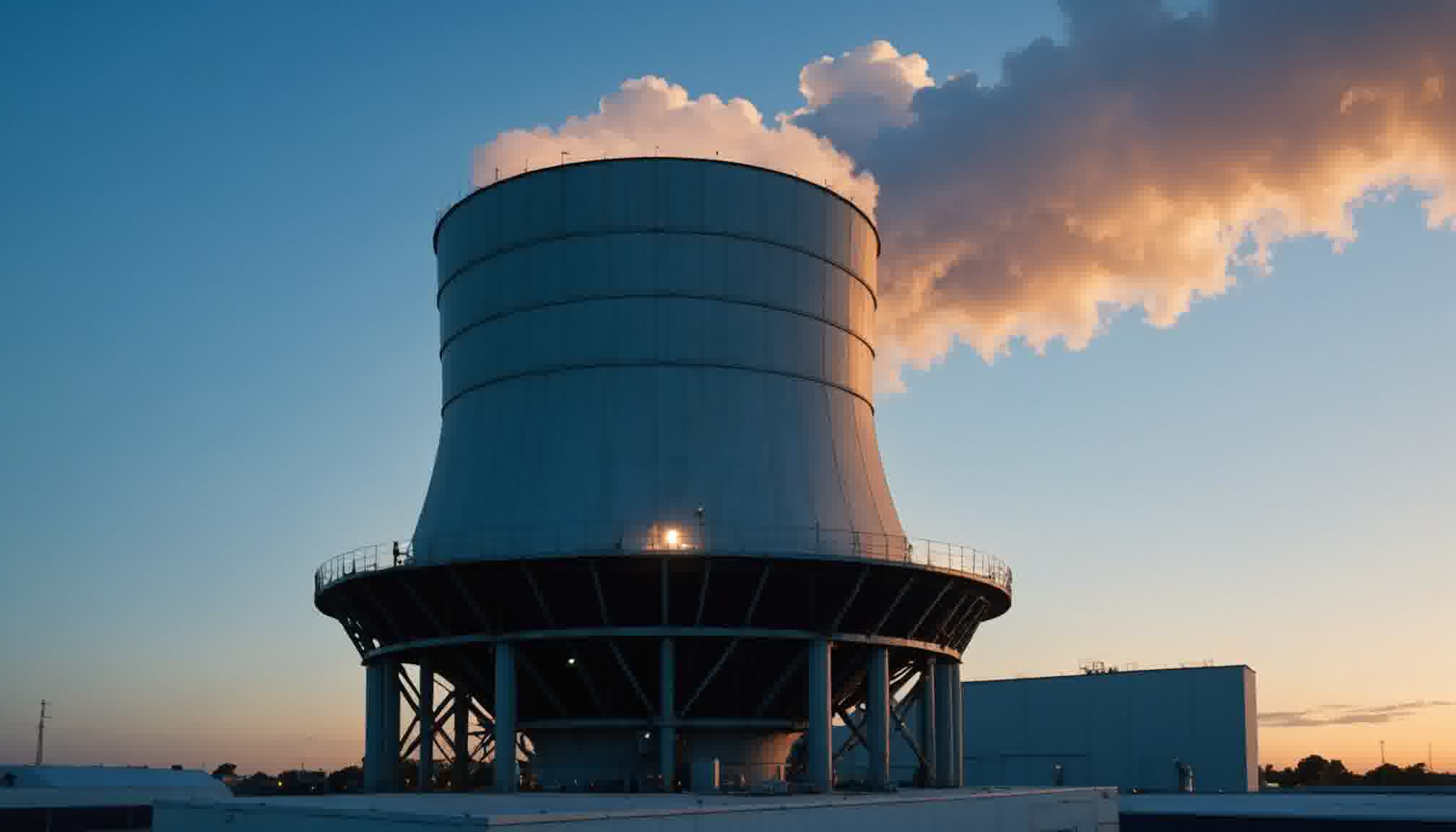 Induced draft cooling tower at dusk with a sunlit plume of water vapour rising from the fan cowl: evaporative heat rejection whose cold water floor is the entering wet bulb temperature