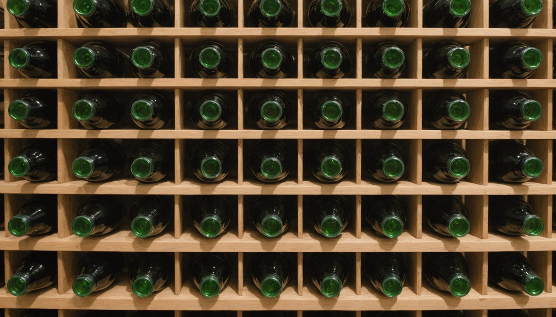 A wall of wine bottles stored base outward in a plain oak rack, filling the frame with rows of dark green glass bottoms each catching a small curved highlight, cool light raking across the rack from one side and warm light falling away into the depth of the bins behind. Nothing in the frame carries a label. The rack is the half of the problem the cooling load does not describe: the wine standing in it is the thermal mass that gives a loaded cellar a time constant measured in tens of hours, the glass and the liquid together are what a pull-down after a delivery has to cool, and the cork in every one of those necks is the reason the store has a humidity requirement working against the equipment that holds its temperature