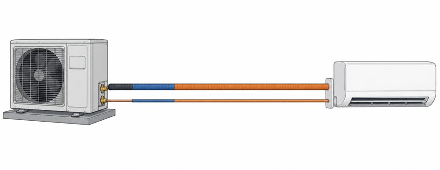 Split-system line set diagram showing factory-charged length versus additional field-charged liquid line requiring per-foot refrigerant adjustment.