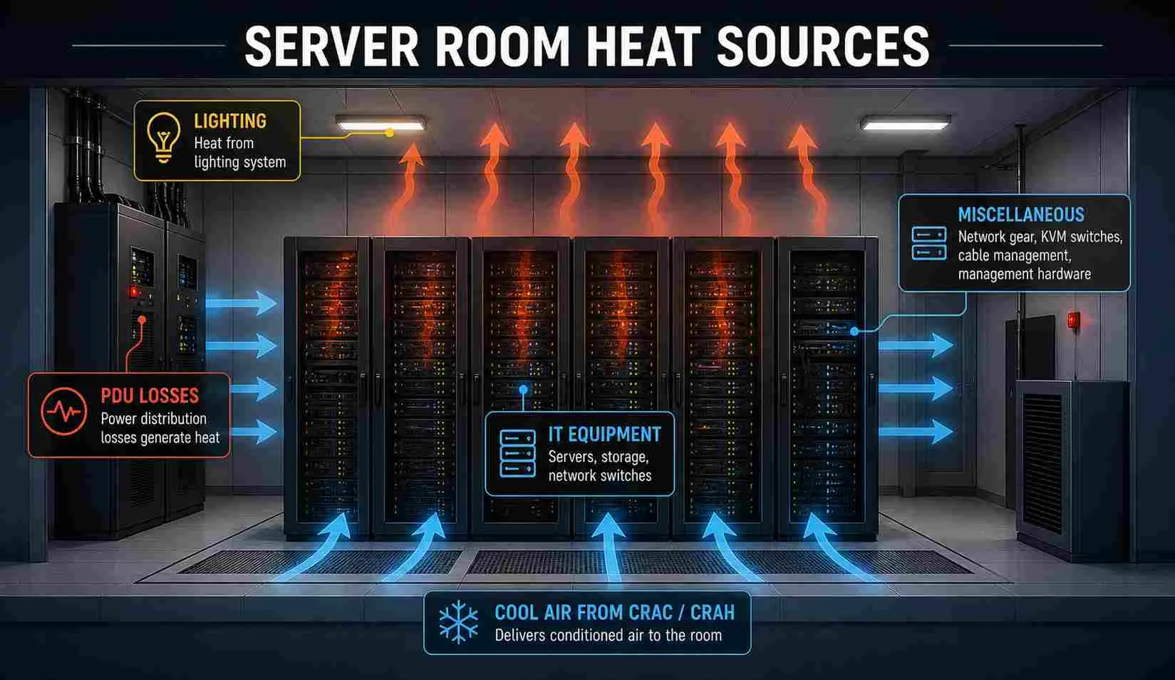 Server room heat sources contributing to total cooling load: IT equipment, PDU losses, lighting, and miscellaneous heat from network and management equipment