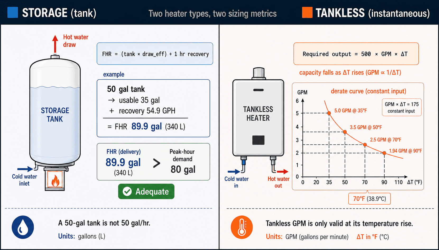 Diagram comparing water heater sizing: storage tanks sized by first-hour rating in gallons versus tankless heaters sized by GPM at a temperature rise, with tankless flow dropping as the rise increases.